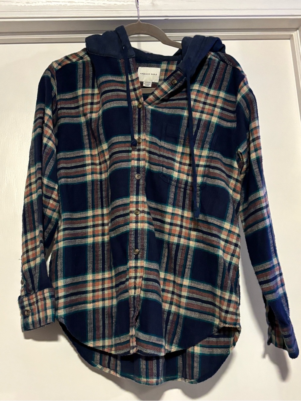 American Eagle Outfitters Navy Plaid Hooded Button-Down Shirt